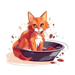 Fototapeta na wymiar an orange cat sitting in a bowl on the floor with spots around it. generative ai