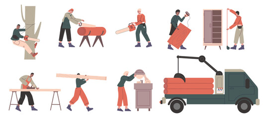 Carpenter characters. Various stages of wood processing. Workers with tools. Lumberjacks chop down trees. People with saws or planes. Wooden workshop. Vector woodworking industry set
