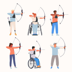 archers. male and female sport characters disabled archers with bow and arrows pointing to goal. Vector cartoon characters