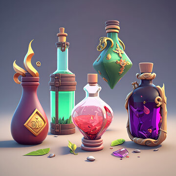 Set of bottles for fantasy game, cartoon style. Chemical jars. Generative AI