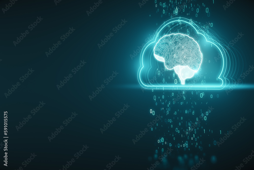 Aufkleber Artificial Intelligence hardware concept. Glowing cloud brain and circuit coding hologram on dark background with mock up place. Big data processing, technology background. 3D Rendering.