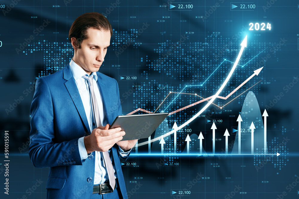 Aufkleber attractive young businessman using tablet with growing business chart with arrow hologram on blurry 