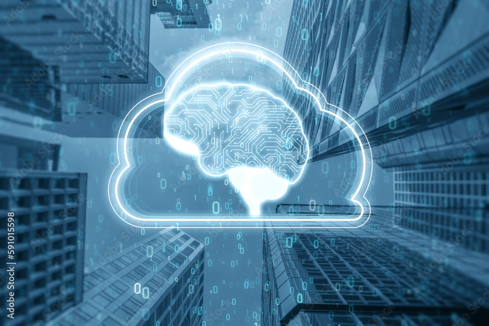 Aufkleber Artificial Intelligence hardware concept. Glowing cloud brain and coding hologram on blurry city backdrop. Big data processing, ai trading, machine learning, technology background. Double exposure.