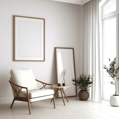 Modern Boho Living Room with Blank Poster Template Mockup - generative ai