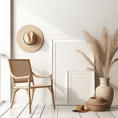 Modern Boho Living Room with Blank Poster Template Mockup - generative ai