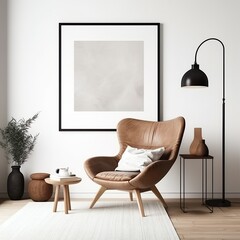 Modern Boho Living Room with Blank Poster Template Mockup - generative ai