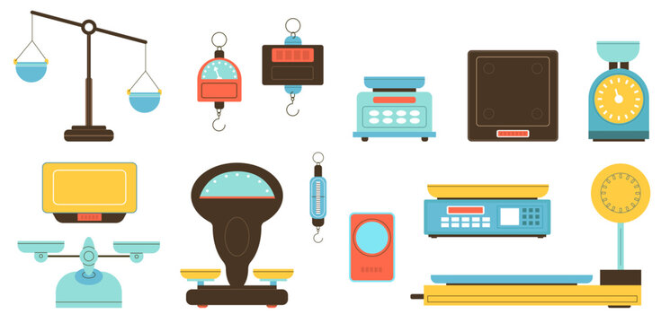 Different scales types. Instruments for weight measurement. Digital and mechanical equipment. Kilograms measuring. Pharmacy or jewelry balance. Household and cargo weighers vector set