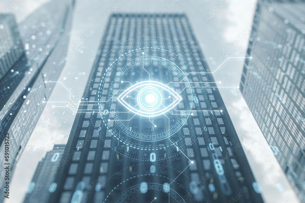 Aufkleber cyber spy technology hologram, virtual eye of internet control surveillance and digital invigilation