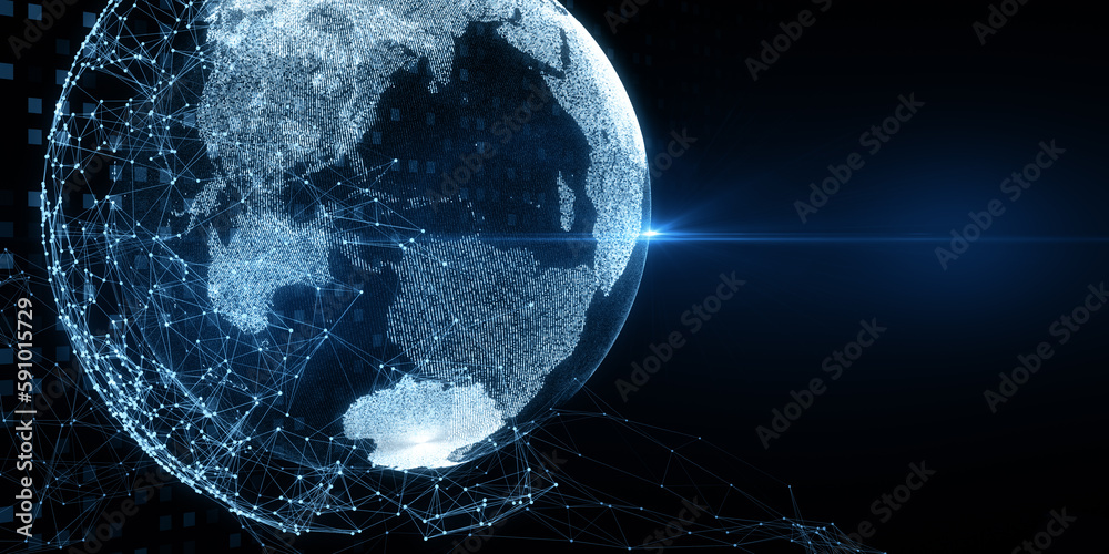 Poster glowing blue polygonal globe hologram on dark backdrop. 3d rendering.