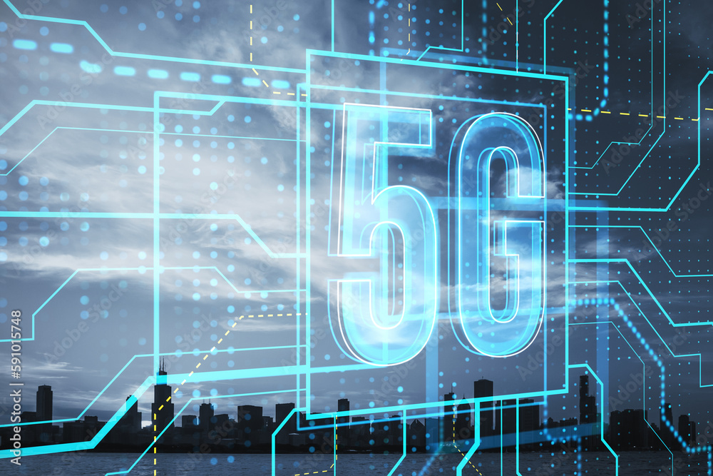 Poster abstract glowing linear 5g hologram on blurry city background. 5g network and wireless systems. doub