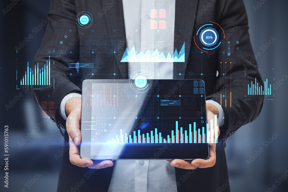 Poster close up of businessman hands holding tablet with glowing digital business interface with charts on 