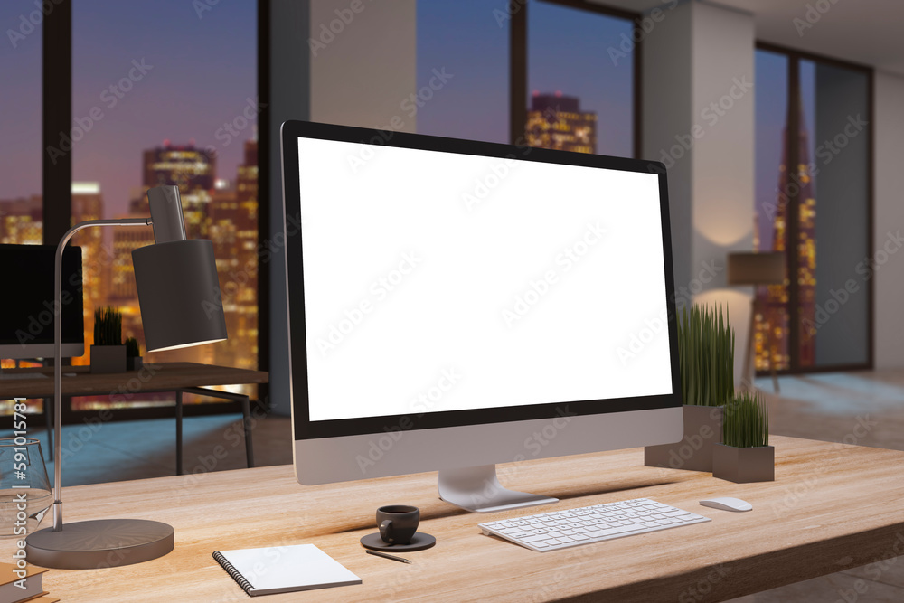 Poster close up of designer office desktop with empty white computer monitor, window with night city view, 