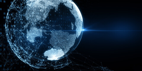 Fototapeta Glowing blue polygonal globe hologram on dark backdrop. 3D Rendering. obraz