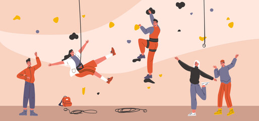 Extreme people. Rock climbers. Men and women climb wall with colored hooks. Height lifting with safety ropes. Athletes training. Artificial stones. Mountaineering gym. Vector concept