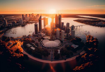 Aerial panoramic view of the beautiful city of Perth at sunrise. Generative AI - obrazy, fototapety, plakaty