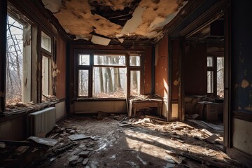 Fototapeta na wymiar Beautiful Forgotten and Destroyed House Interior, AI Generated