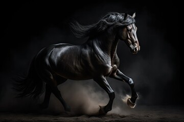 Naklejka na ściany i meble Galloping Black Horse on Dark Background, AI Generated