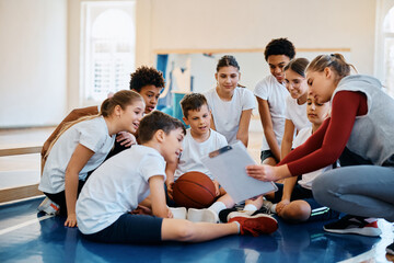 Basketball coach explains game strategy to group of students at school gym.