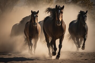 Horses Galloping in Desert Dust with Long Manes, AI Generated