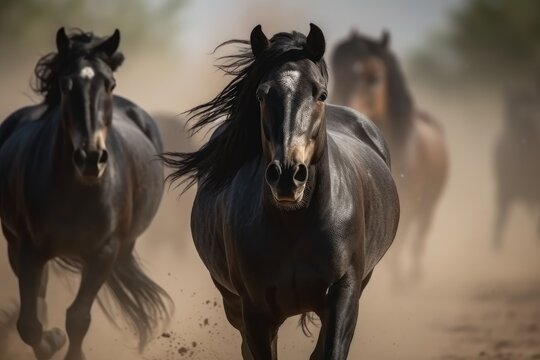 Horses Galloping in Desert Dust with Long Manes, AI Generated