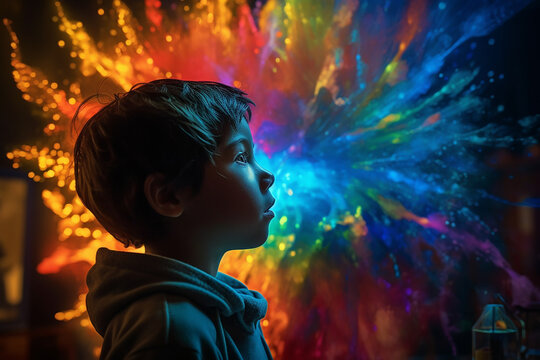 a Kids experiencing the radiant euphoria in colorful powders explosion background Generative AI