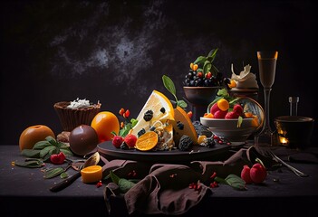 Fototapeta na wymiar food on the table, black background. Generative AI