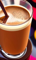 Cappuccino with foam and a stick in a glass goblet, on a colored table. Generative, AI, Generative AI
