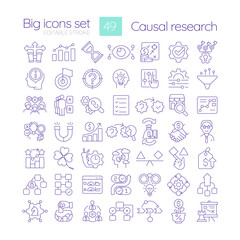 Causal research linear icons set. Marketing strategy of business development. Commercial prediction. Customizable thin line symbols. Isolated vector outline illustrations. Editable stroke