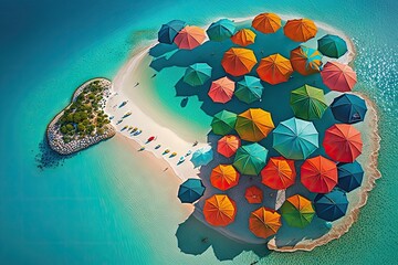 a surreal float island of brightly colored beach umbrellas, surrounded by crystal blue waters and white sandy beaches., created with generative ai