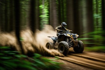 atv speeding through forest, with trees whipping past in blur, created with generative ai