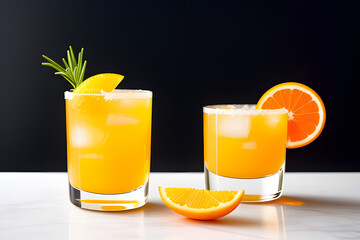 Fototapeta premium Cold and refreshing orange punch cocktail with orange slice on yellow background. summer drink.