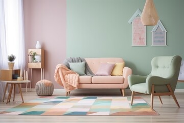 retro room with cozy and stylish interior, featuring a combination of pastel colors and patterns, created with generative ai