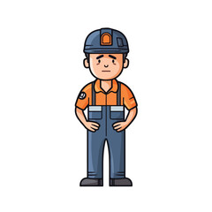 Mascot of cute boy mechanic engine repairman wearing uniform, helmet, and cap. Cartoon flat character vector illustration