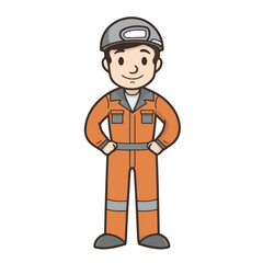 Obraz premium Mascot of cute boy mechanic engine repairman wearing uniform, helmet, and cap. Cartoon flat character vector illustration
