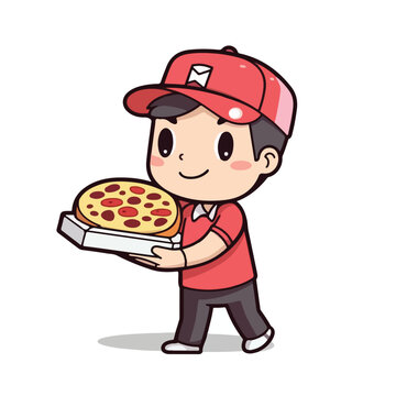 Mascot of cute pizza delivery boy holding pizza box. Cartoon flat character vector illustration