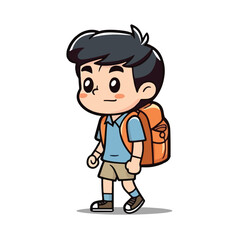Mascot of little boy with bag backpack go to school. Cartoon flat character vector illustration
