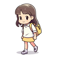 Mascot of little girl with bag backpack go to school. Cartoon flat character vector illustration