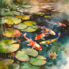 優雅に泳ぐ錦鯉と睡蓮の咲く池, with Generative AI