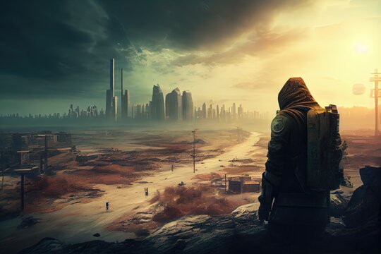 postapocalyptic cityscape, with view of the ruined skyline and radiation storm in the distance, created with generative ai