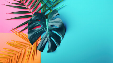 Generative AI illustration. Tropical and palm leaves in bright bold holographic colors on a bright blue background. copying space. Concept art.