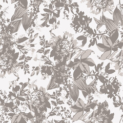 Fototapeta premium Minimal gray beige abstract floral print pattern seamless texture .Flowers tapestry. Earthy color. linen textile background. Monochrome organic shadow silhouette. Simple tropical allover