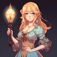 A young blonde princess holding a lamp as a beacon of hope in the darkness.