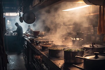 restaurant kitchen, with sizzling hotpots and steamy pots, preparing for the busiest night of the week, created with generative ai