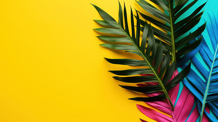 Generative AI illustration. Tropical and palm leaves in bright bold holographic colors on a bright yellow background. copying space. Concept art.