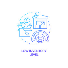 Low inventory level blue gradient concept icon. More space. Lean manufacturing. Stock turnover abstract idea thin line illustration. Isolated outline drawing. Myriad Pro-Bold fonts used