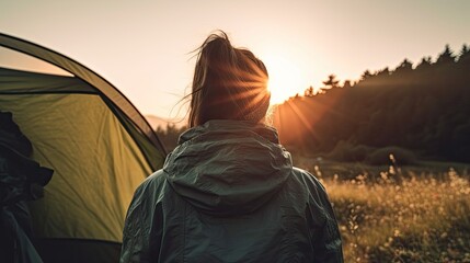 Adventurer woman camping outdoors. Generative AI