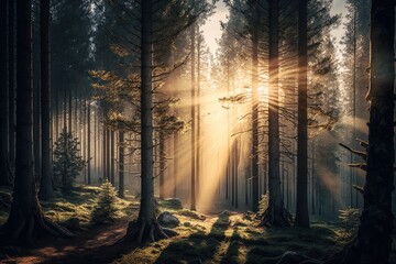 Obraz premium spruce forest at sunrise, with rays of sunlight filtering through the trees, created with generative ai