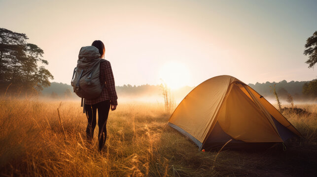 Adventurer woman camping outdoors. Generative AI