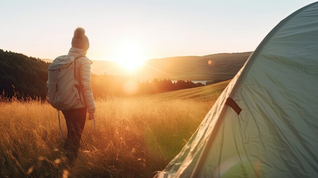 Adventurer woman camping outdoors. Generative AI