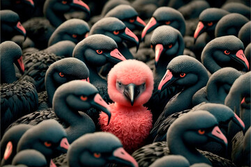 One in a Million: A Pink Flamingo Chick Among a Sea of Black Feathers - obrazy, fototapety, plakaty